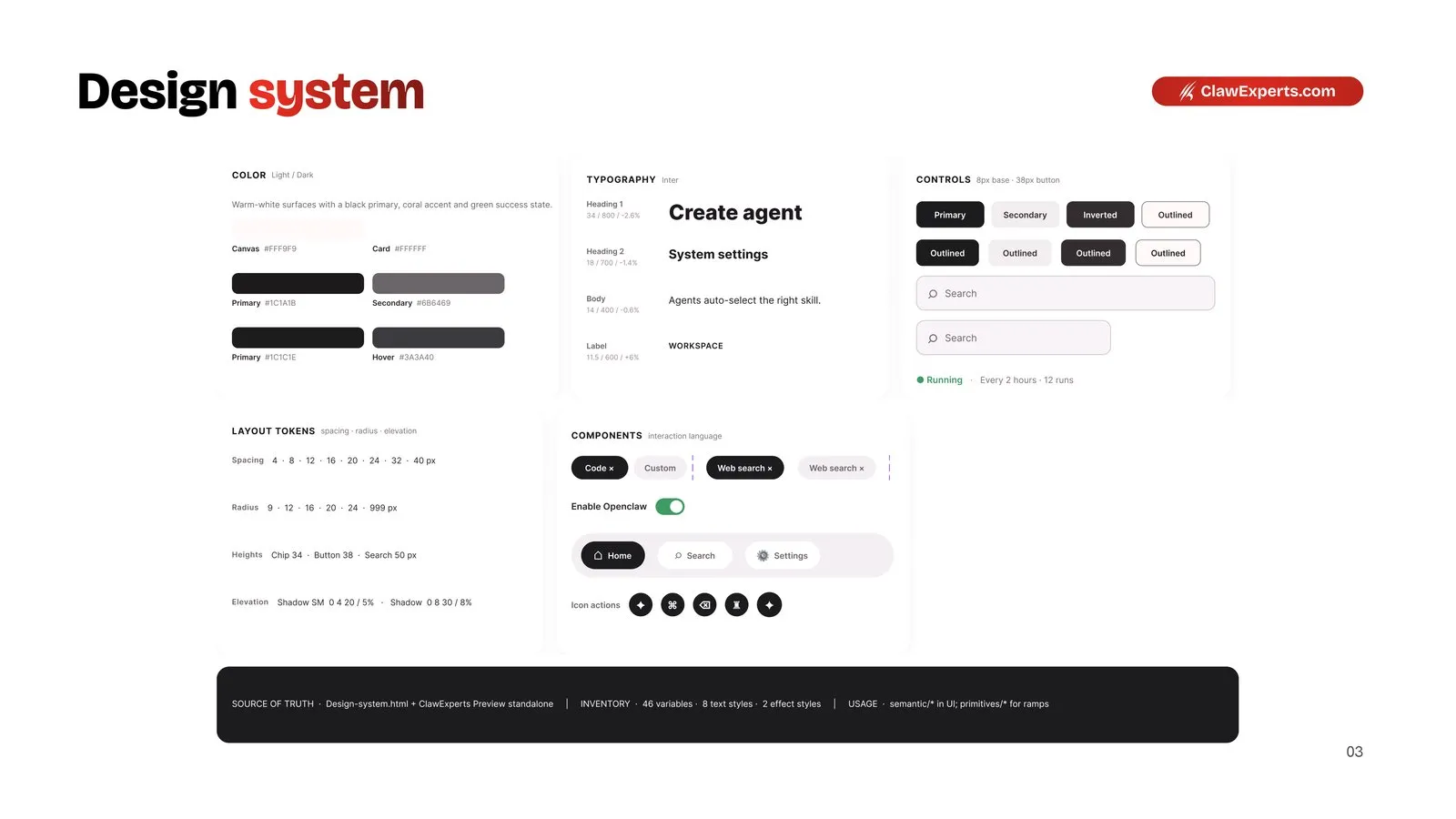 Hệ thống đưa xuống tới token giao diện: màu, khoảng cách, bo góc, component